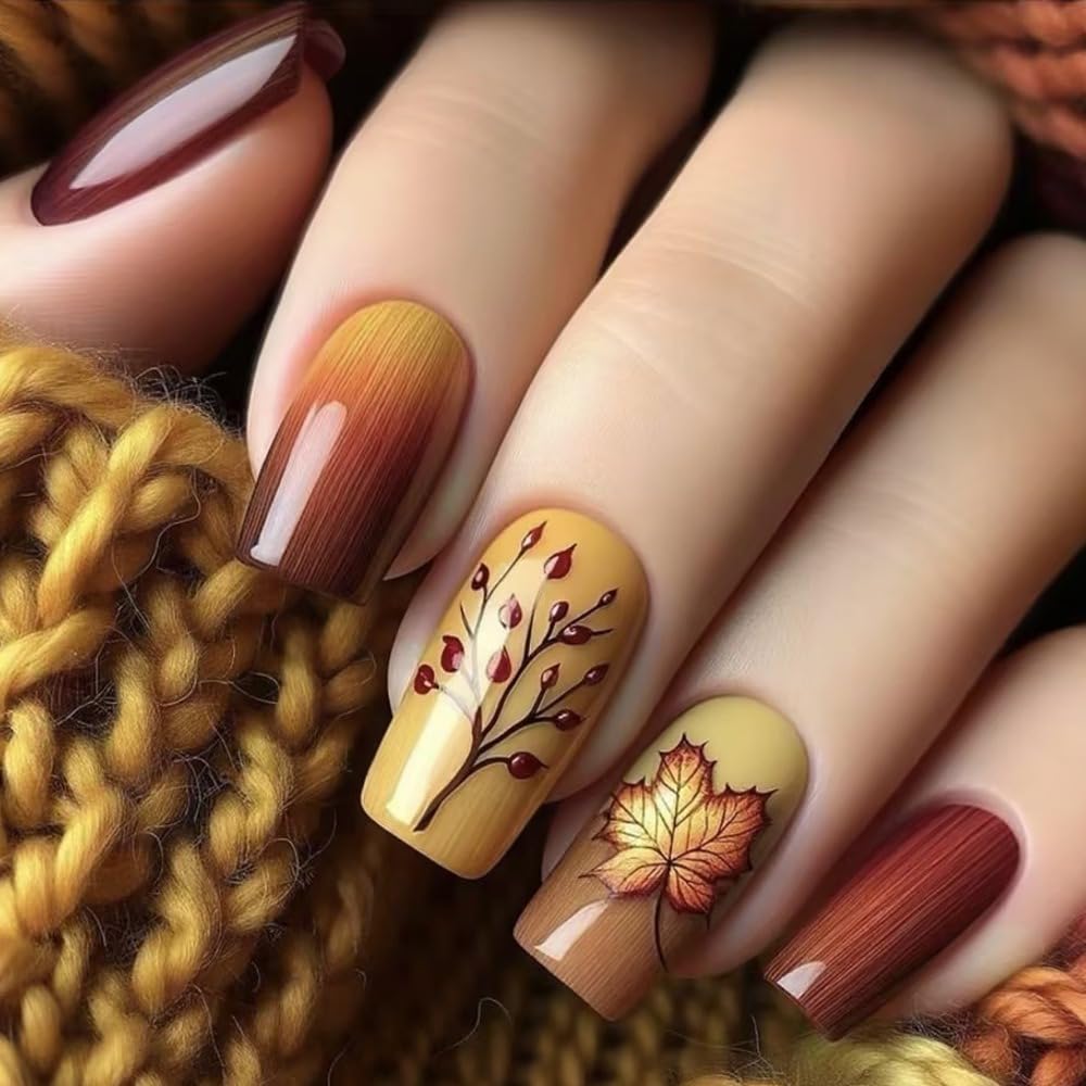 Fall Press on Nails Medium Square Fake Nails Maple Leaves Tree Designs Glue on Nails Yellow Full Cover Nails Press ons Brown Gradient False Nails