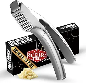 No Peeling Required Garlic Press Stainless Steel with Detachable Handle for Fine Mincing - Premium Garlic Mincer Tool, Rust-Proof, Easy to Clean, Dishwasher Safe Garlic Crusher with 5-Year Warranty