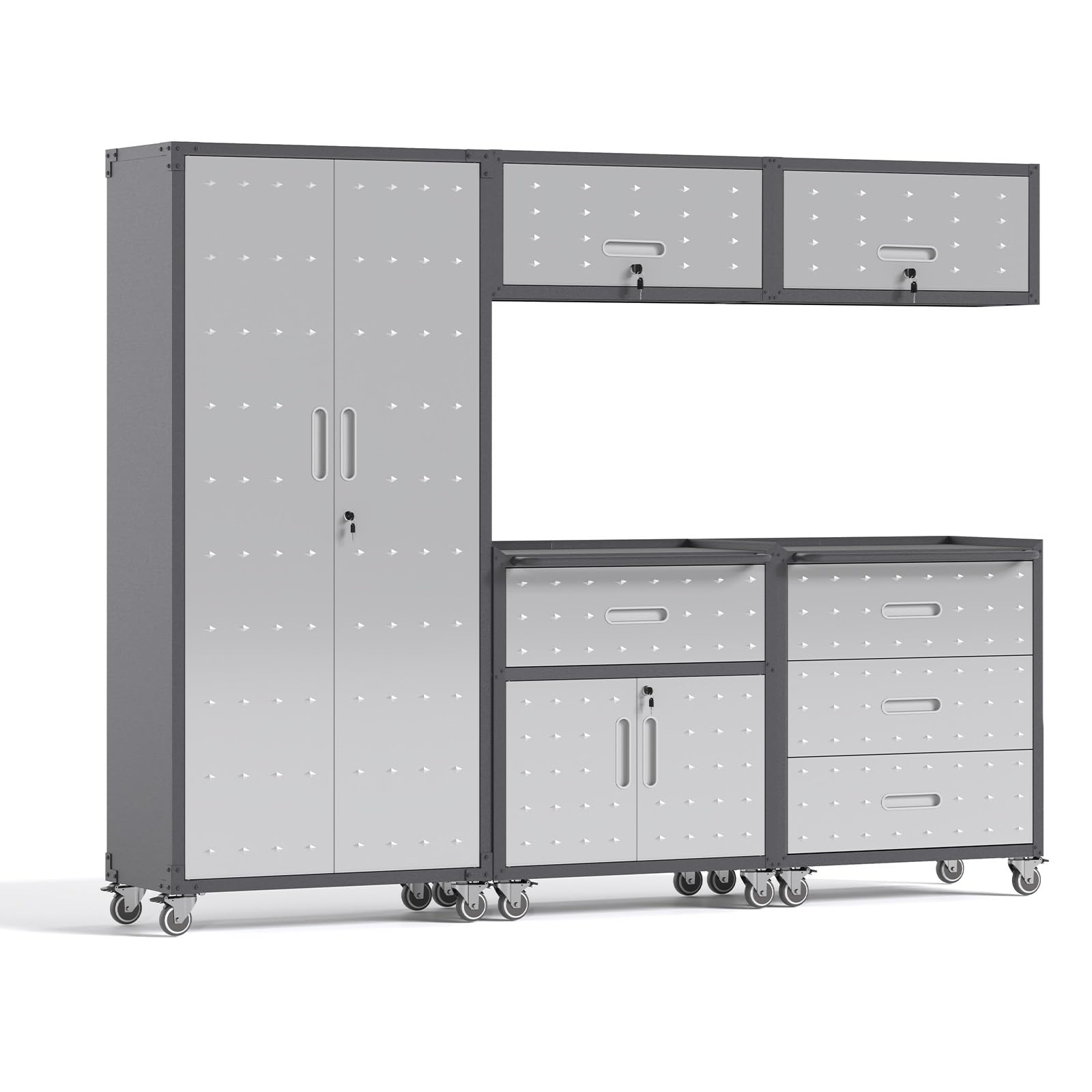 AQY Metal Garage Storage Cabinets System,5 Piece Workshop Steel Cabinet Set Included Lockable Garage Storage Cabinet with Drawers Shelves Rolling