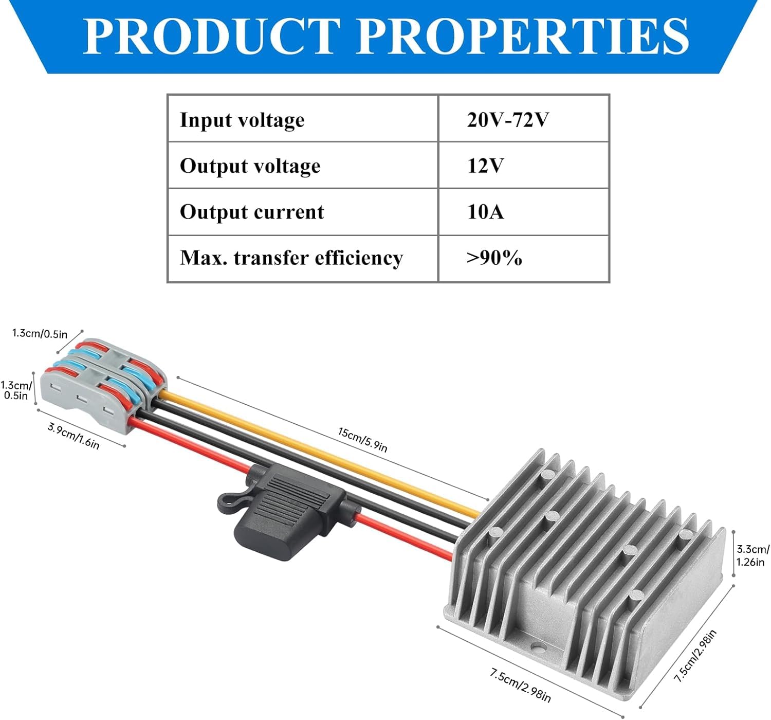 Alimentatore DC/DC scendere da 20-72V a 12V, convertitore di tensione con fusibile a 12V10A 120W MAX Trasformatore di potenza per automotive, luci LED, banchina della barca, strumenti e altro.
