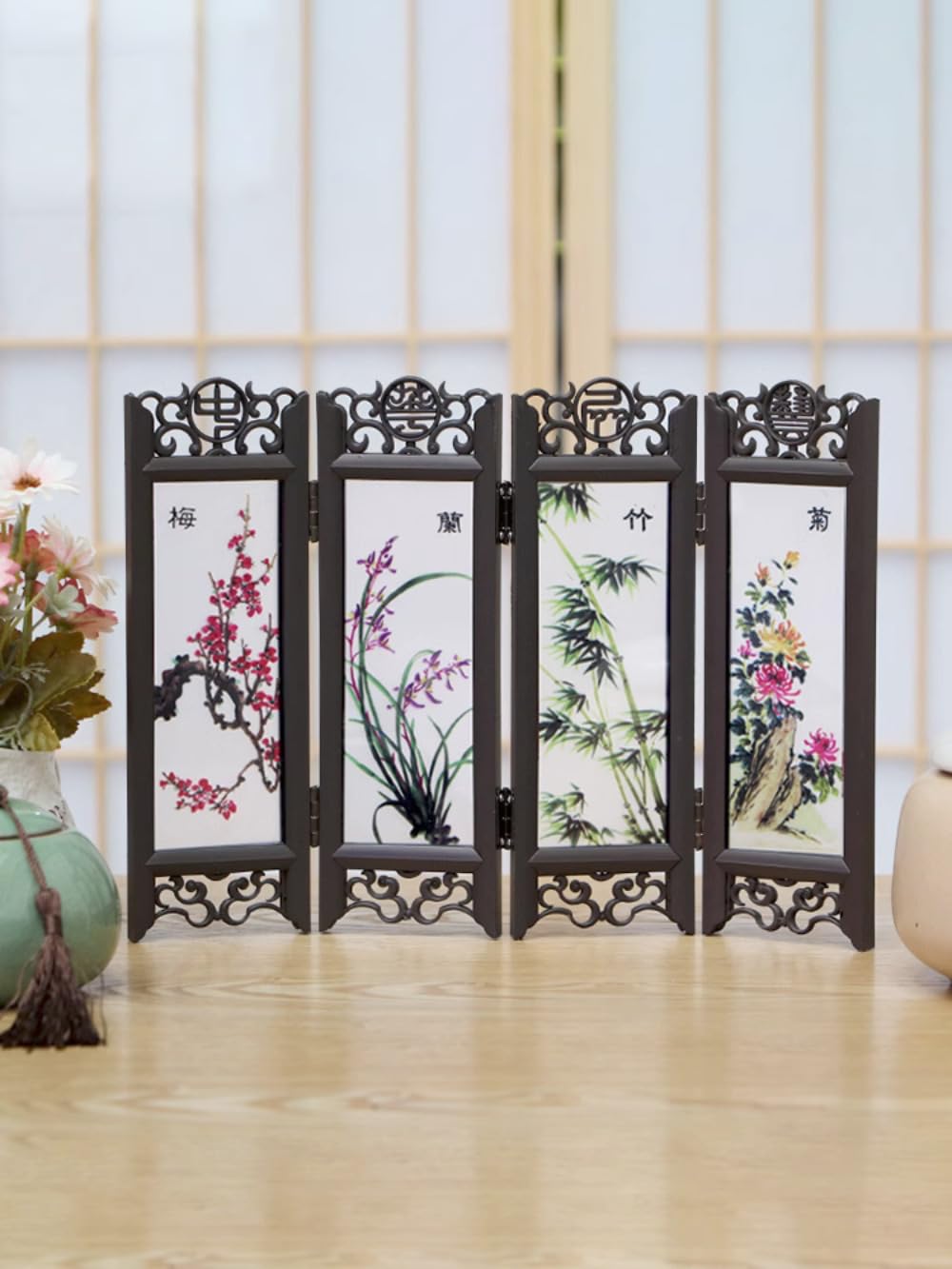 Składany parawan, Retro mały Mini składany Panel20cm śliwkowa orchidea bambusowa