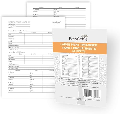 Hojas de grupo familiar de dos caras para ascendencia (30 hojas) de EasyGenie | Formularios de genealogía de calidad de archivo