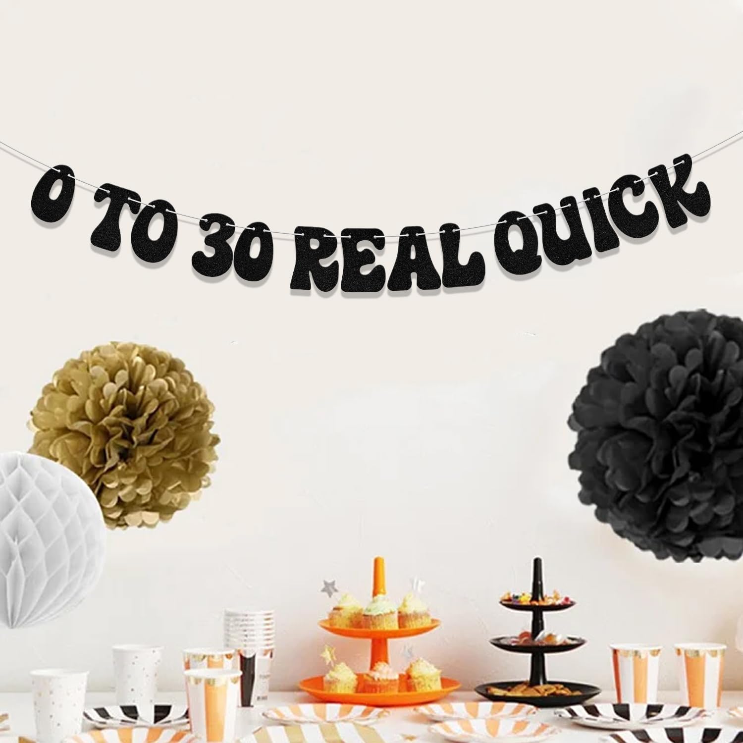 „0 Bis 30 Real Quick“ Banner – 30. Geburtstag Dekoration, Schwarzer Glitzer, DIY Aufhängung