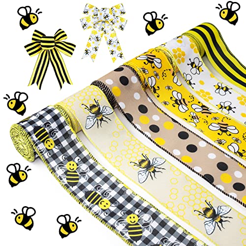 Mlurcu Bumble Bee Ribbons 6 Rolls - 2.5 Inch Wired Honey Bee Ribbon for Wrapping Bows, Gift DIY Crafts & Sewing Ornaments