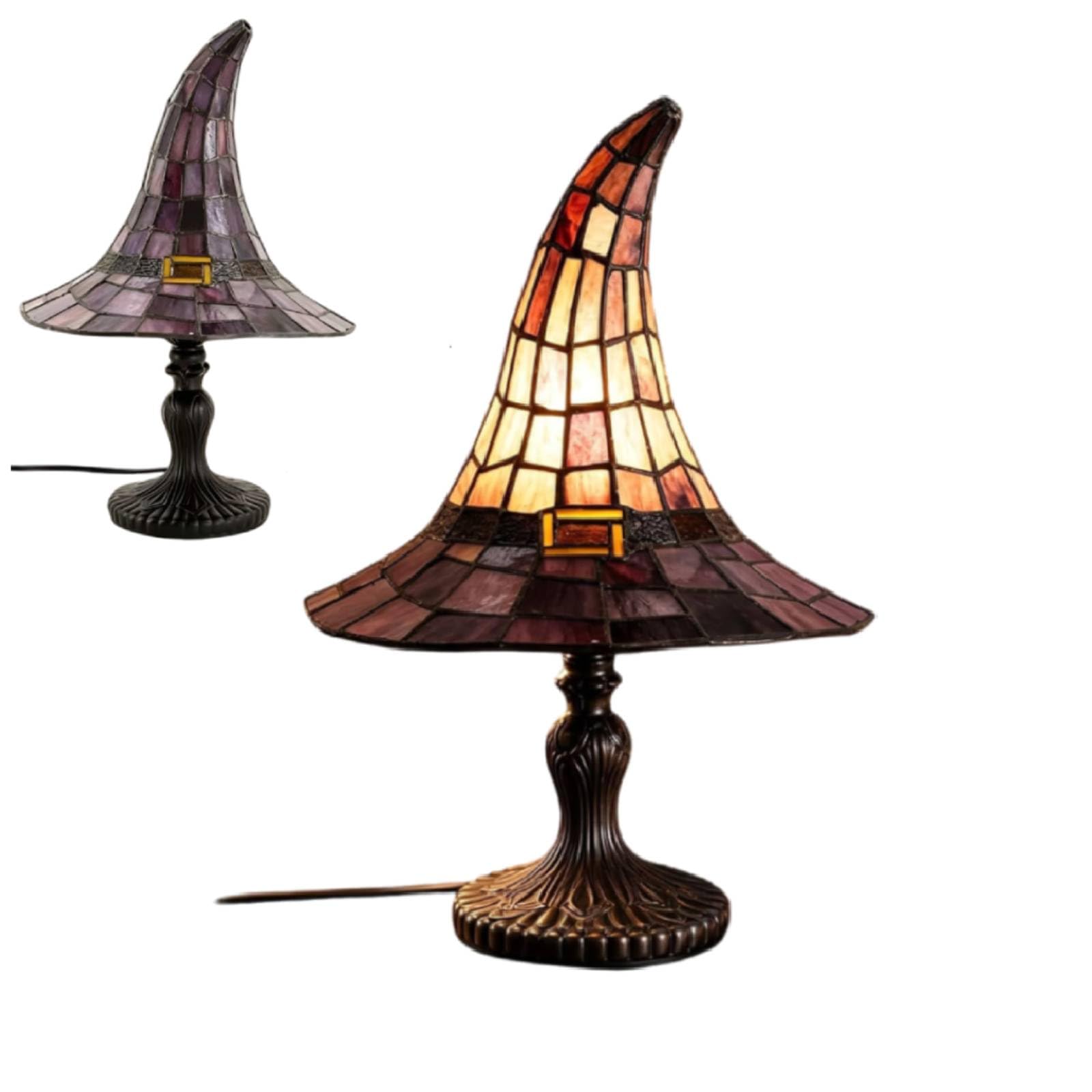 1-Pack Stained Glass Witch Hat Lamp, Handcrafted Retro Resin Witch Lamp, USB Powered, Gothic Wizard Hats Night Light for Bedroom & Bookshelf, Halloween Decorations-1-Pack
