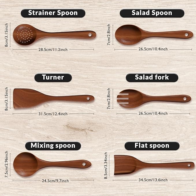 6-Piece Teak Wooden Kitchen Utensil Set – Heat Resistant, Durable, heat resistant Cooking Tools for Nonstick Cookware - Natural Rust-Free Wooden Spatulas & Spoons - Dishwasher Safe by Lonachamari - Image 5