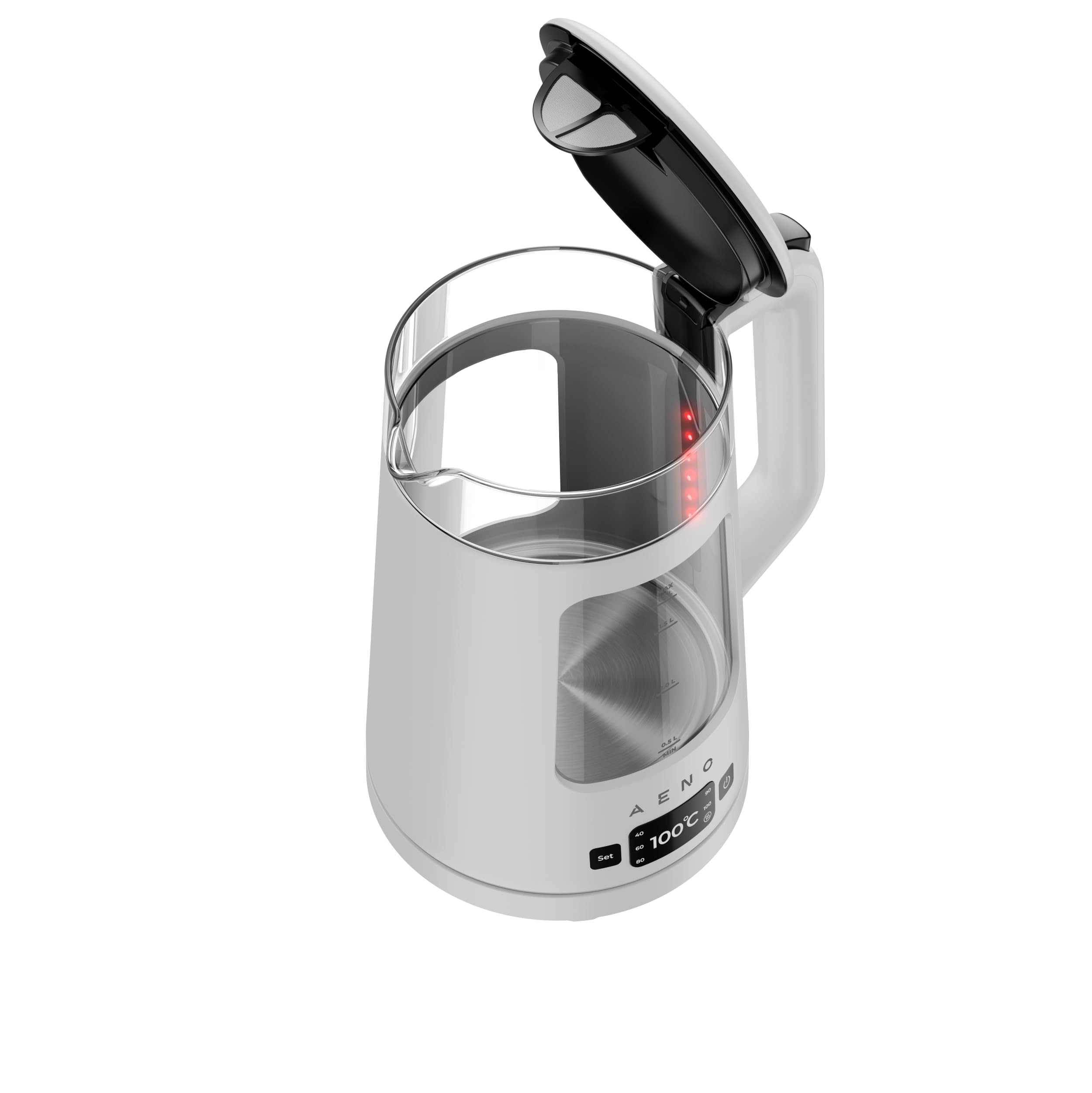 AENO EK6 Bouilloire électrique 1,7 l, 1850-2200 W, contrôleur Strix, bol intérieur en verre, double paroi, écran LED, fonction maintien au chaud, transparente