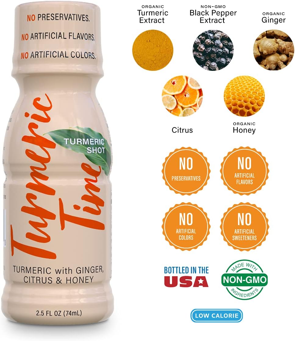 Turmeric Time Turmeric Shots - Turmeric with Ginger, Citrus & Honey | Non-GMO | No Preservatives or Artificial Flavors/Colors/Sweeteners | B Vitamins | Liquid Turmeric (12 Pack)