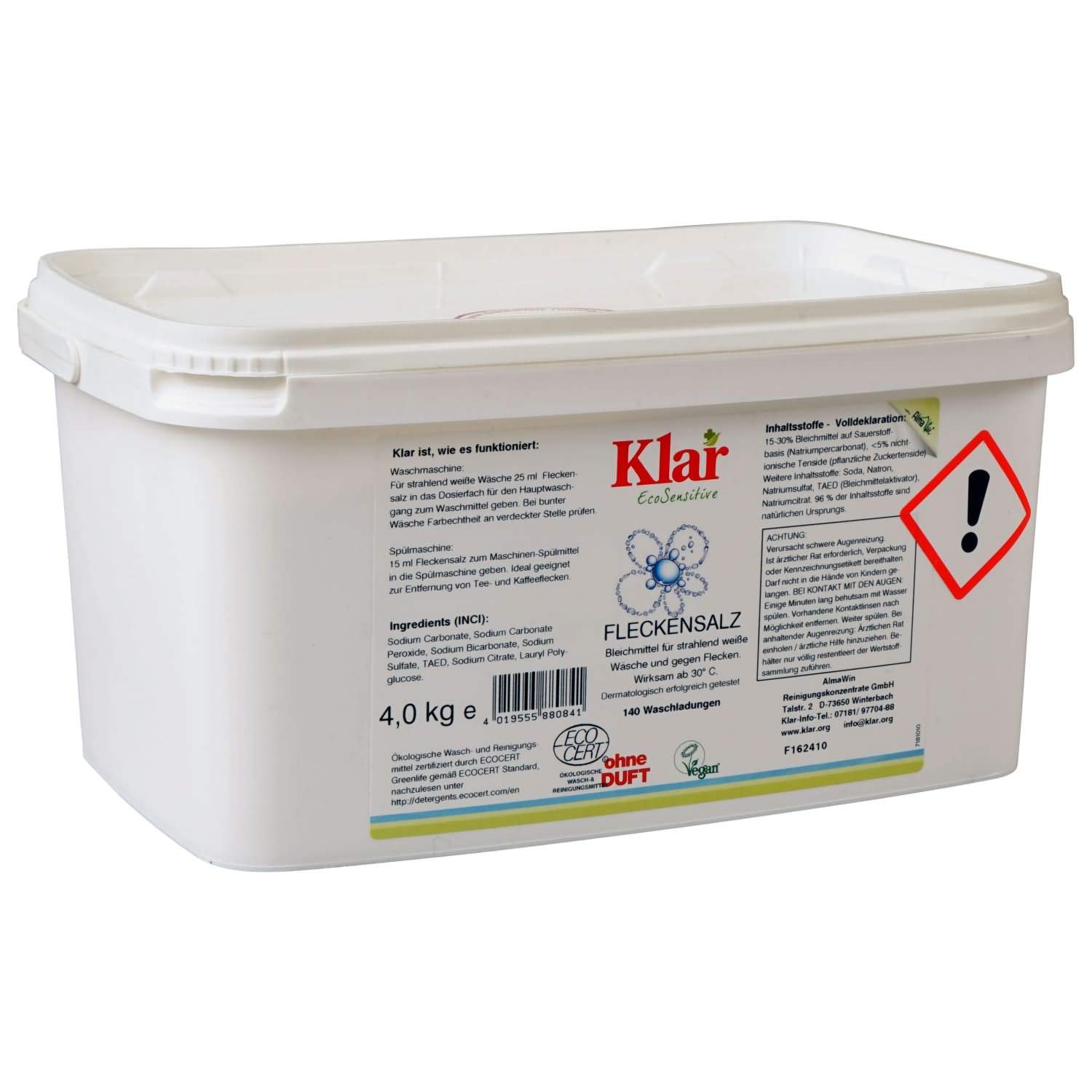 Klar eco Sensitive Fleckensalz 4kg, ohne Duft, verhindert Grauschleier, wirksam ab 30 °C, vegan