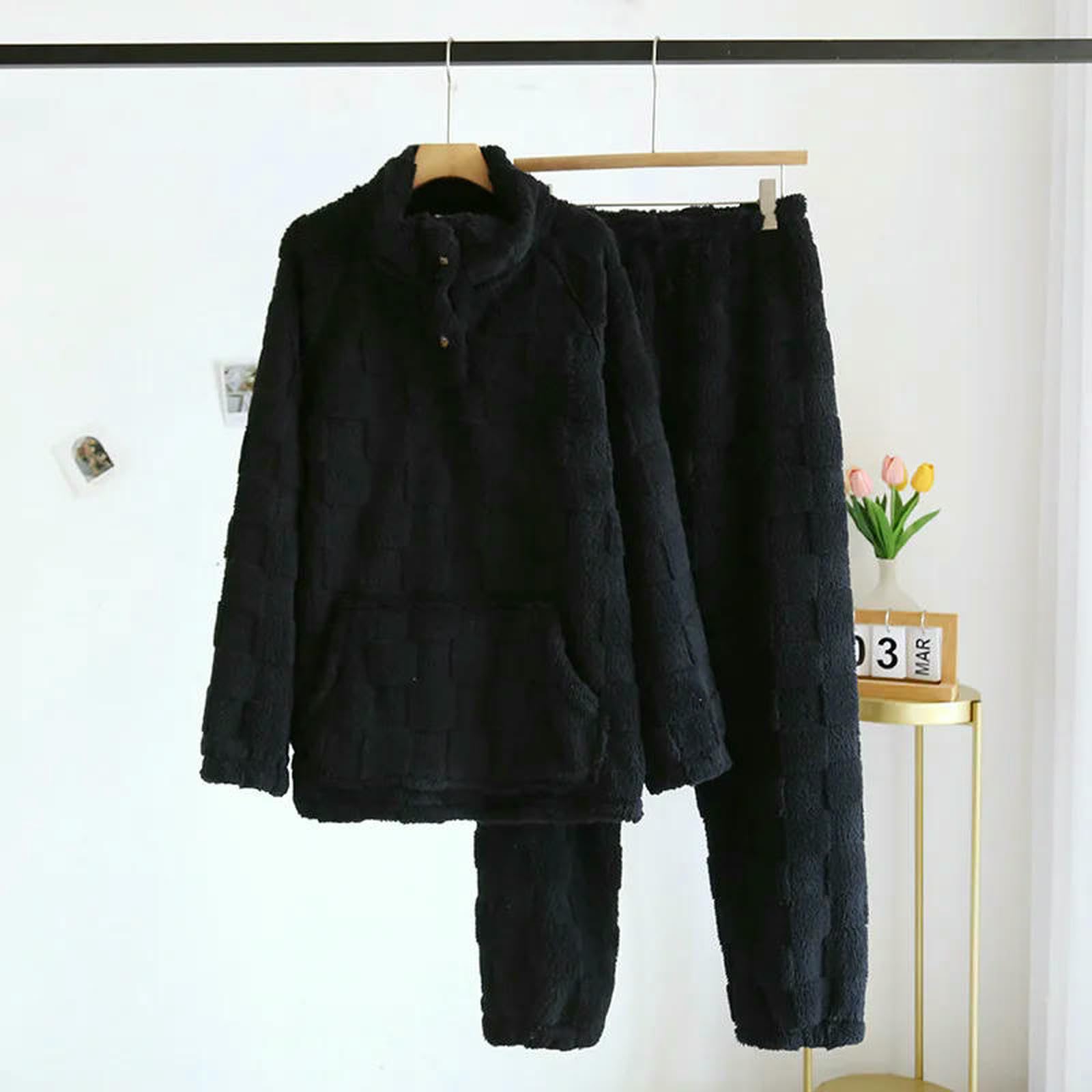 Pigiama Autunno Inverno Abbigliamento da Sonno Femminile Coppia di Pile Pigiami Addensano Pantaloni A Maniche Lunghe Calde Mettono Casa Uomini-Uomo Nero-l