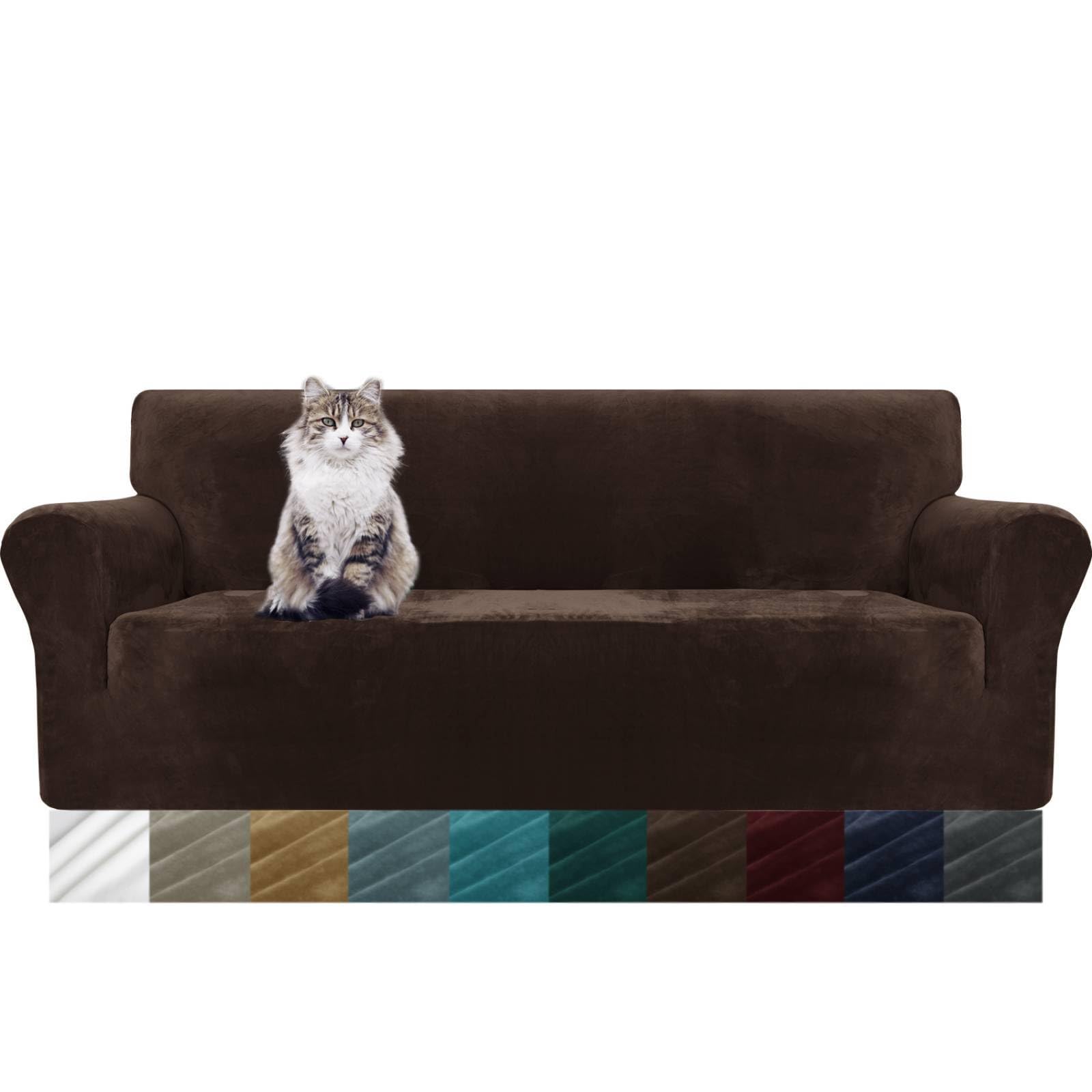 Maxijin Dark Coffee Thick Velvet Sofa Covers 3 Seater Super Stretch Non Slip Couch Cover For Dogs Cat Pet Friendly 1-Piece Elastic Furniture Protector Plush Sofa Slipcovers (3 Seater, )