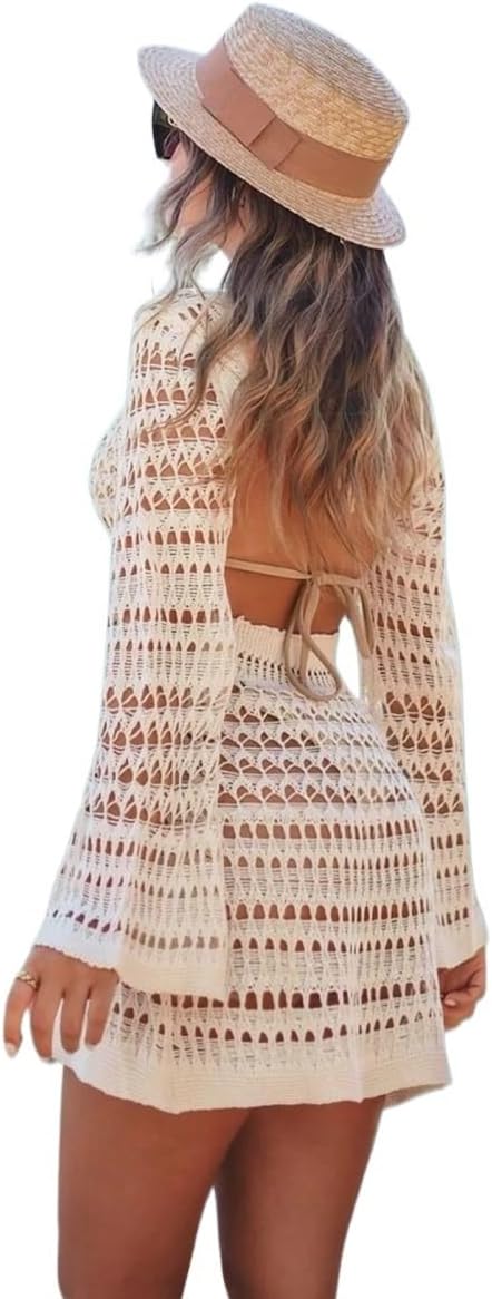 Women's Spring Summer Beach Outfits Sexy Hollowed-Out Backless Long Sleeve Cover Up Dress cover ups for swimwear
