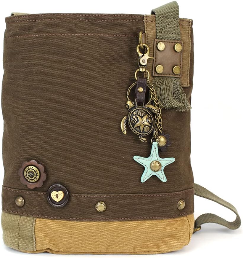 CHALA Patch Cross-Body Women Handbag, Canvas Messenger Bag, Metal Charming Turtle - Dark Brown