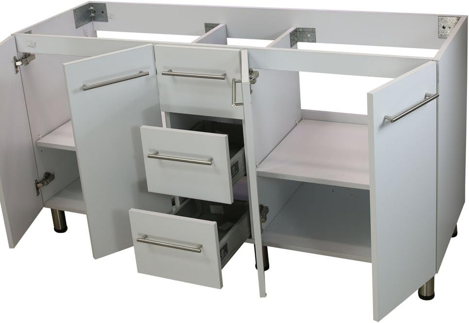 60" Freestanding Bathroom Vanity, White Texture Embossed. White Under Mount Stone Countertop