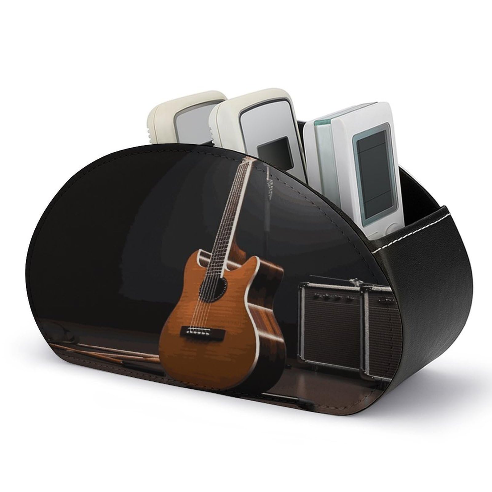 LDGSUPH Musical Instrument Guitar Remote Control Holder with 5 Compartments PU Leather TV Remote Caddy Storage Box Multi-functional Desk Storage Organizer Box Anti-slip Desktop Caddy