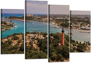 4 Panel Canvas Wall Art Print Picture Aerial View Jupiter Lighthouse Jupiter Florida at Mid Day During Painting Poster Stretched & Framed Artwork Wall Decoration for Living Room Ready to Hang