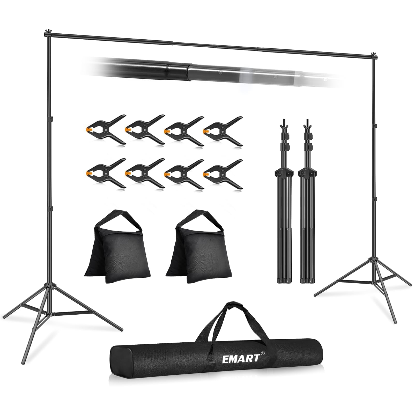 EMART Backdrop Stand 10x7FT Adjustable Back Drop Stand for Party Photoshoot | Background Stand Backdrop with 8 Clamps, 2 Sandbags for Photography, Wedding, Baby Shower, Events Decoration, Photo Studio