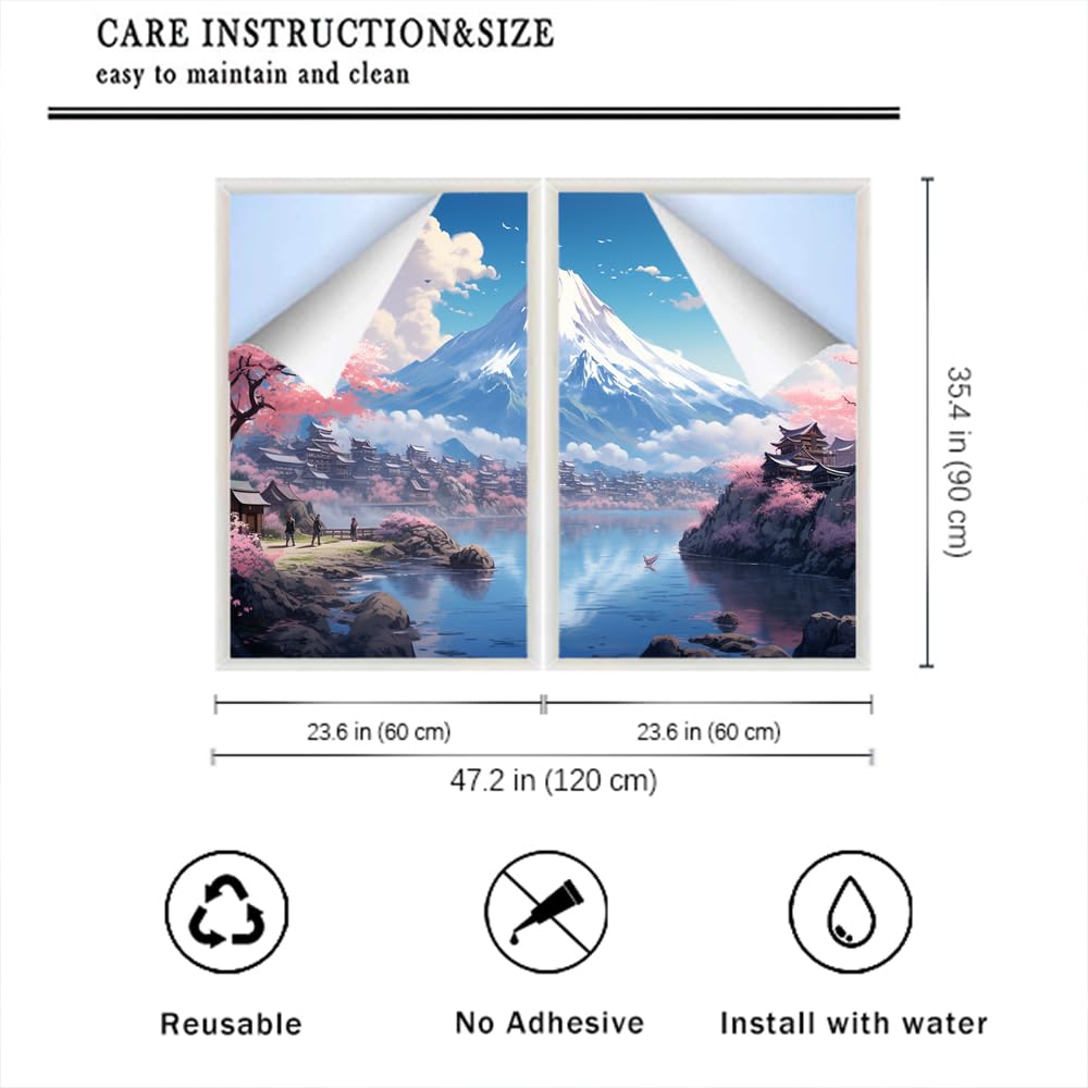 Pellicola per finestre in vetro colorato con paesaggio moderno con alberi di ciliegio, pellicola per la privacy, pellicola per porte in vetro, non adesiva, per camera e cucina, 80 x 140 cm, 2 pezzi