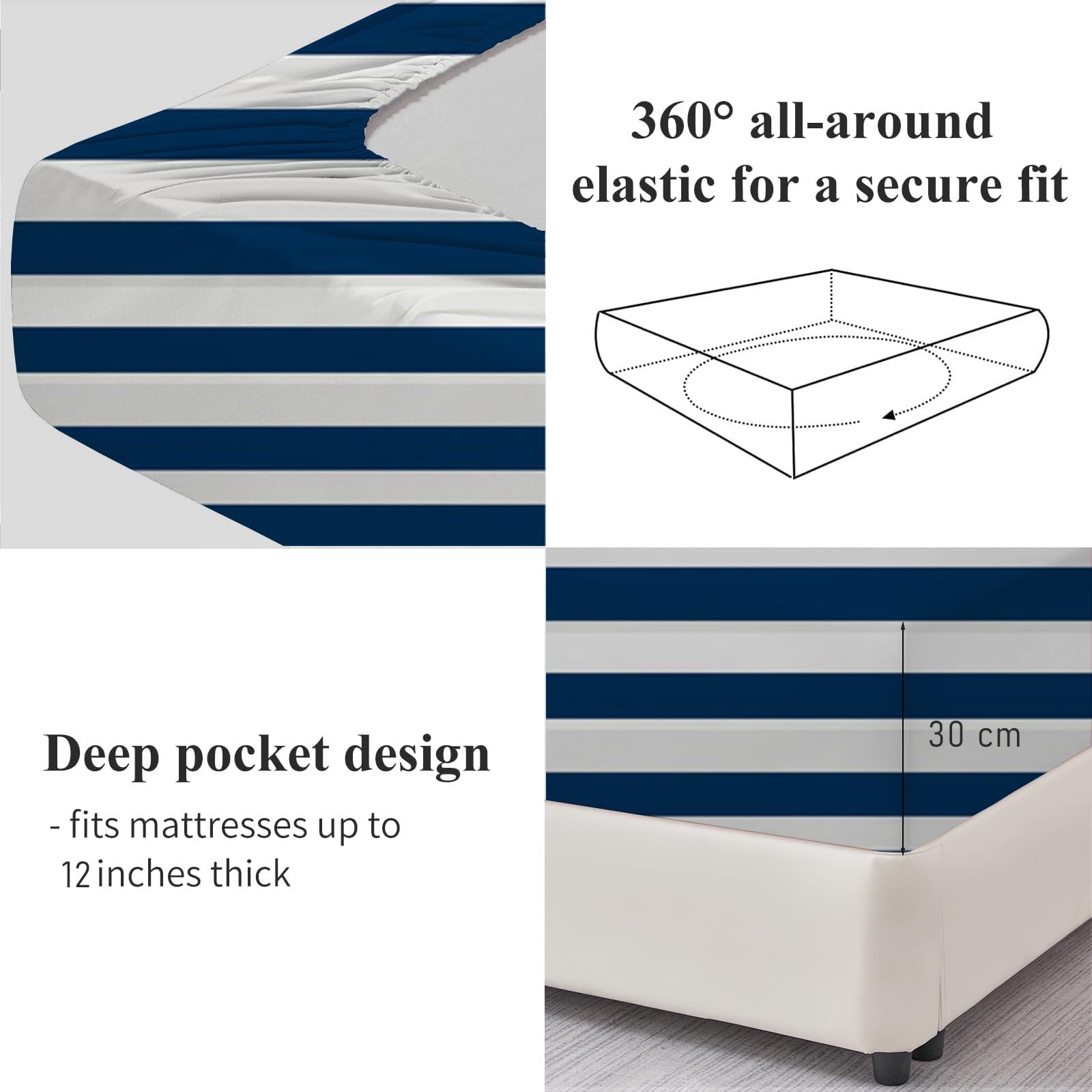 Sábana Bajera Ajustable 3 Piezas 150x200cm, Estampado Simple Rayas Juegos de Cama, Tema Náutico Microfibra Transpirable 30 cm de Profundidad con 2 Fundas de Almohada, Azul Oscuro