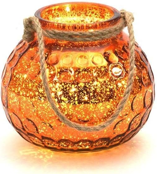 7" Illuminated Lighted Mercury Hammered Round Mercury Glass Lantern Candle Holders with Battery Operated Micro Lights for Home Décor (Amber)