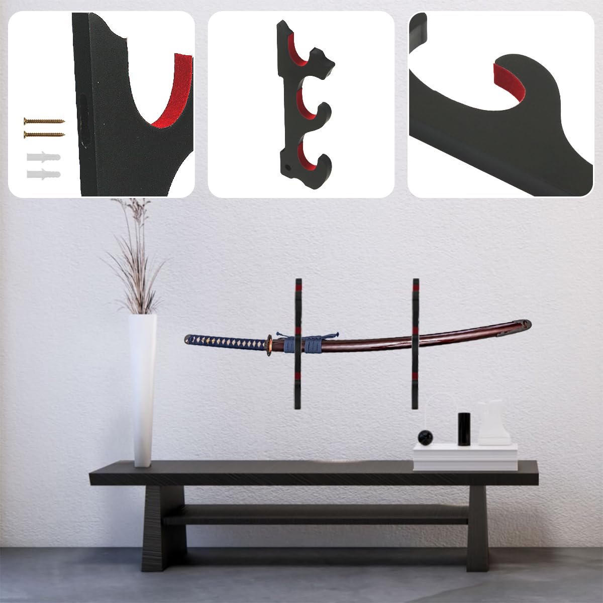 Soporte de pared para Katana de 3 niveles, madera, Marrón