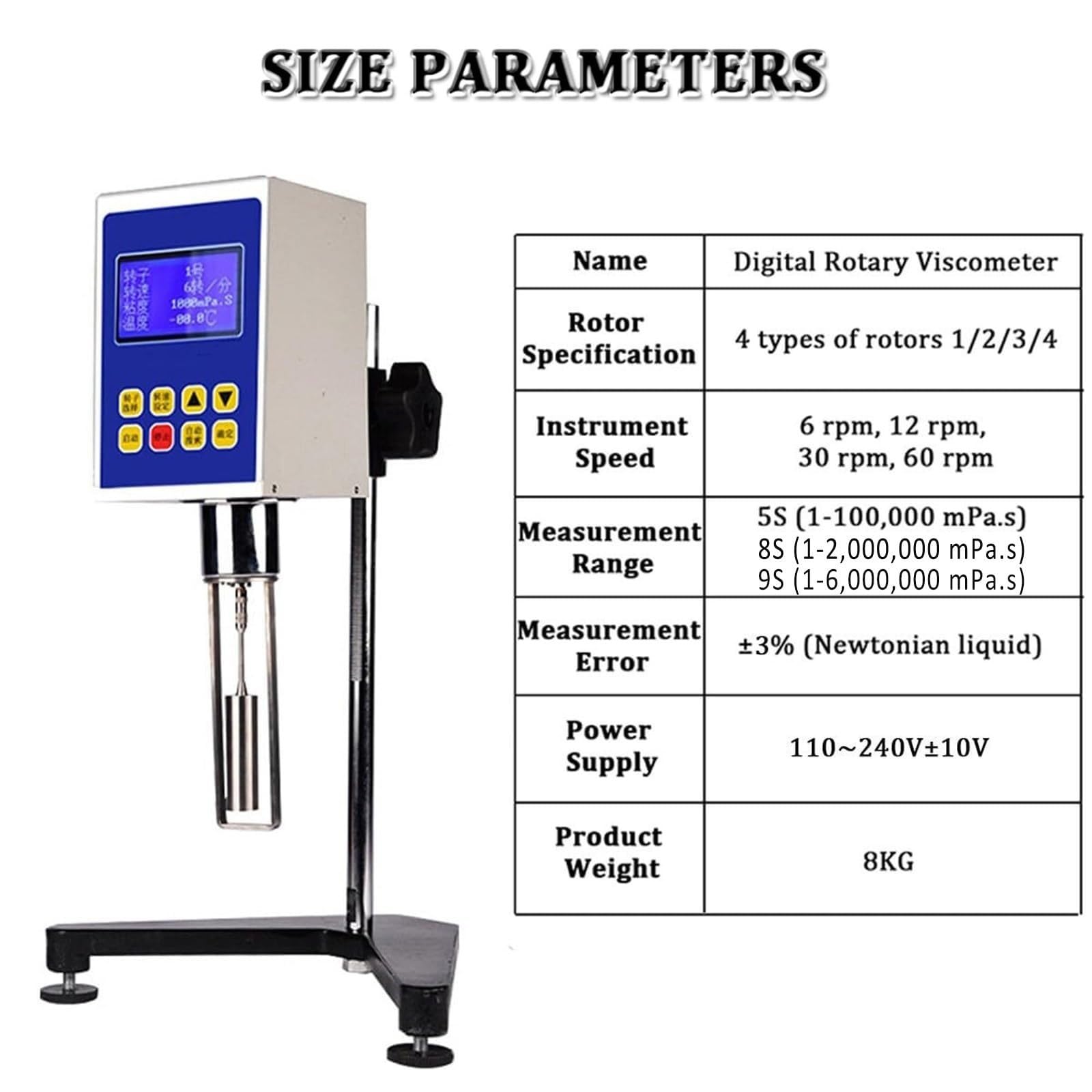Viscosímetro digital giratorio con pantalla LCD, 4 rotores y 4 velocidades para pruebas precisas de viscosidad líquida y reología