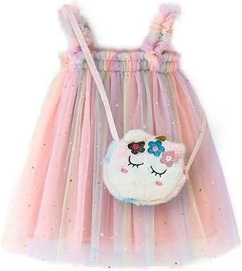 Tulle Puffy Rainbow Dresses for Baby Girls with Unicorn Bag, Star and Moon Sequin Decoration for Birthday Festival