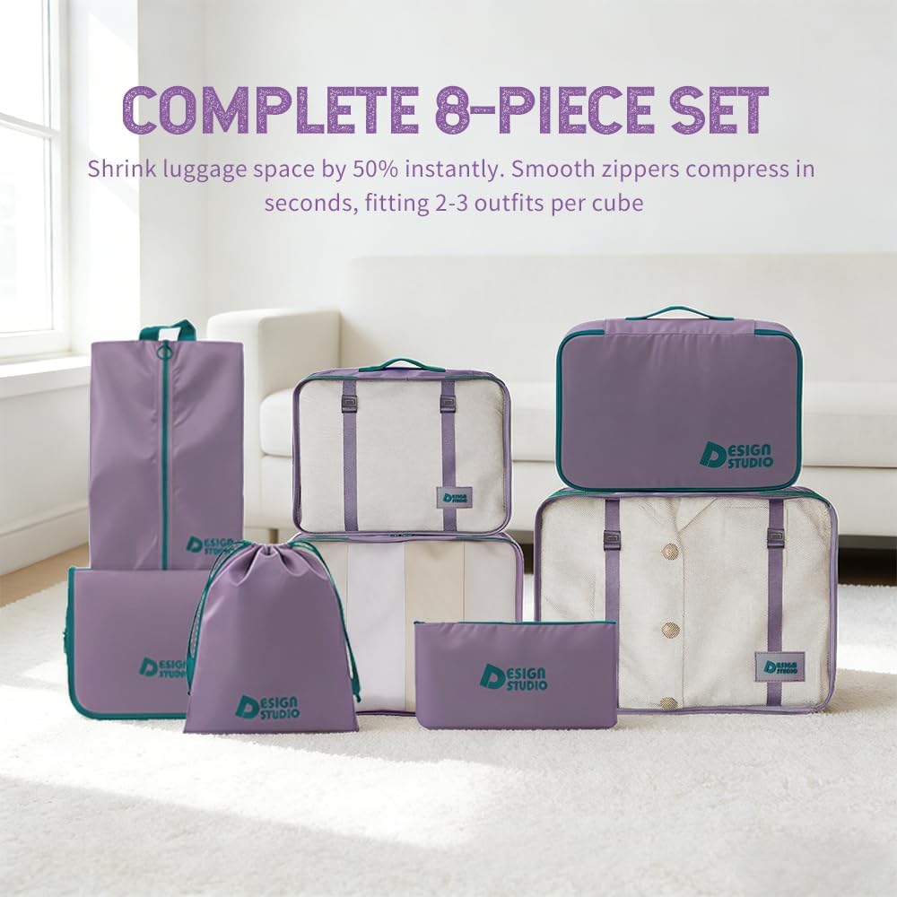 8 Piece Expandable Packing Cubes Set with Hanging Waterproof Toiletry Bag - Compression Travel Organizers for Airplane Essentials, Lightweight Luggage Storage for Carry On Suitcase(Purple) - Image 2