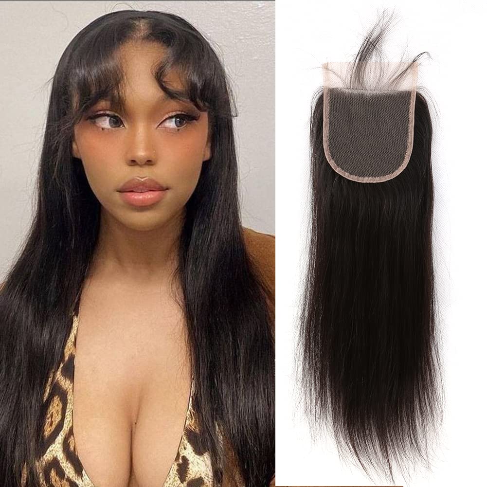 Brazilian Virgin Human Hair Lace Closure Straight Hair Weave Human Hair Pieces Top Closures with Baby Hair 100% Unprocessed Human Hair Natural Black Color 4x4 inch Free Part 12inch