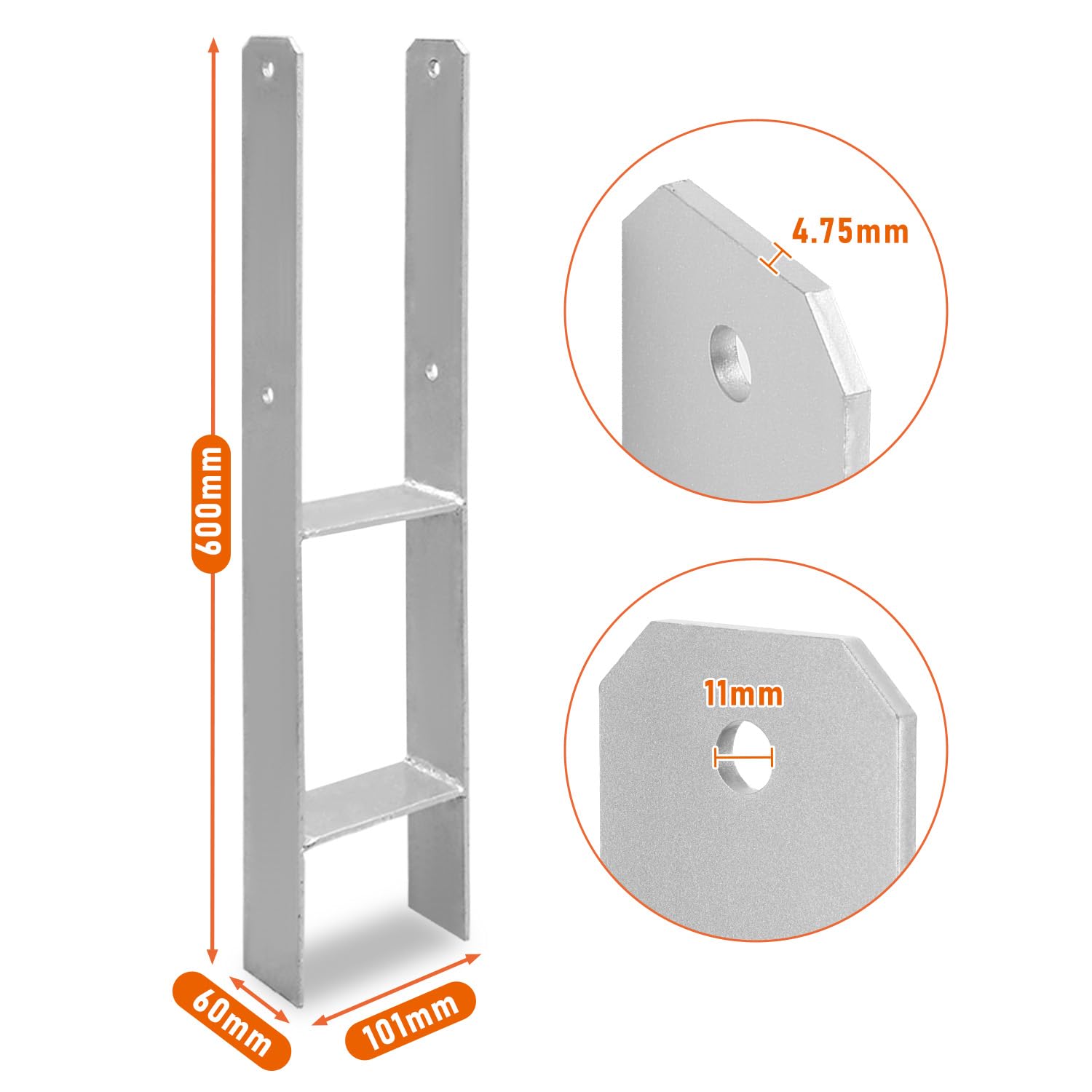 Juego de 8 anclajes en H de 101 x 600 mm – Soporte para postes en H para valla y postes de madera, anclajes en H robustos para valla de jardín, garajes, cenadores y proyectos de construcción