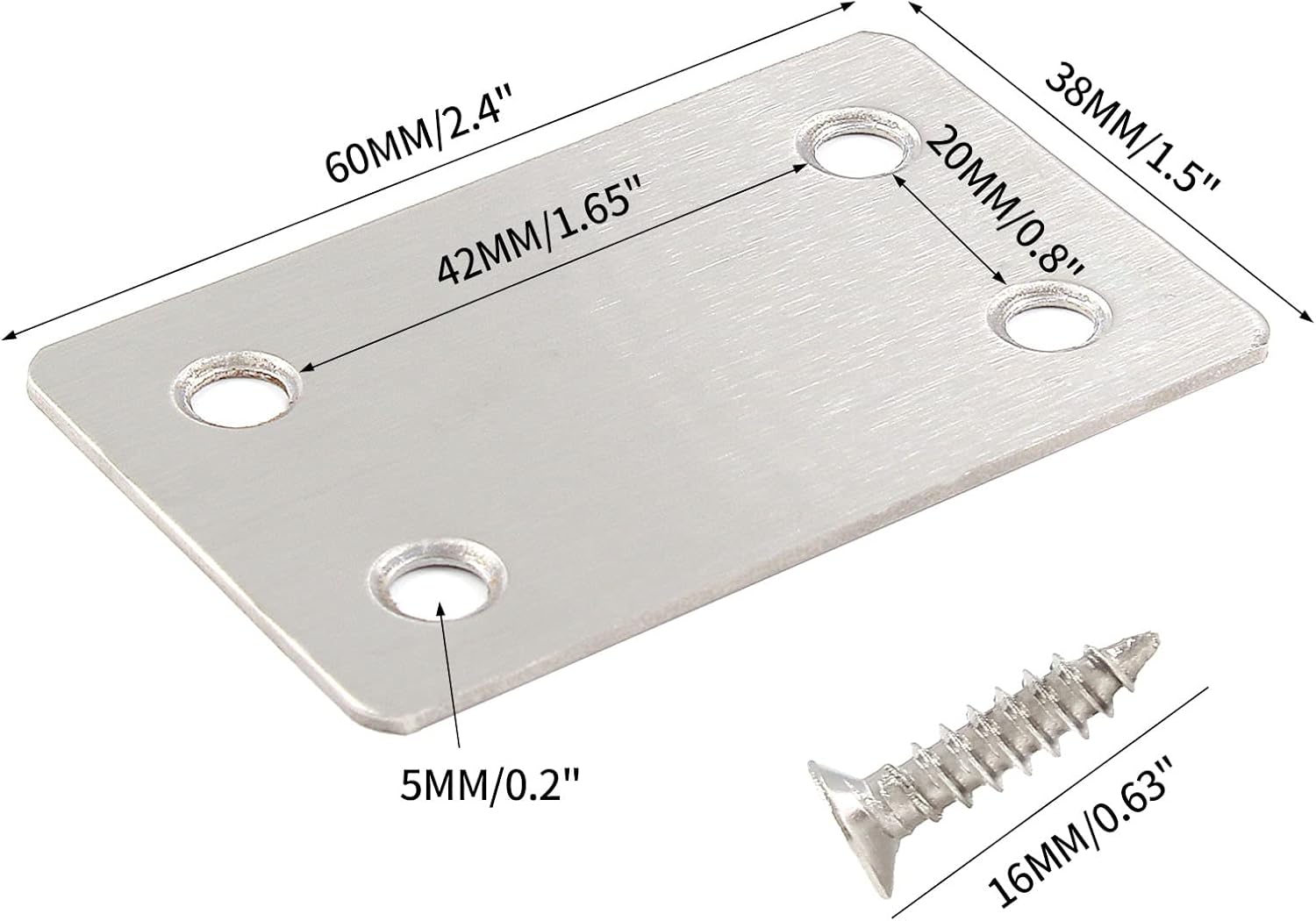 10Pcs 2.4 x 1.5 Inch Metal Flat Straight Mending Plates, 1.5mm Thickness Stainless Steel Metal Flat Straight Brace Bracket with Screws for Furniture, Wood, Shelves, Cabinet(60mmx38mm, Silver)