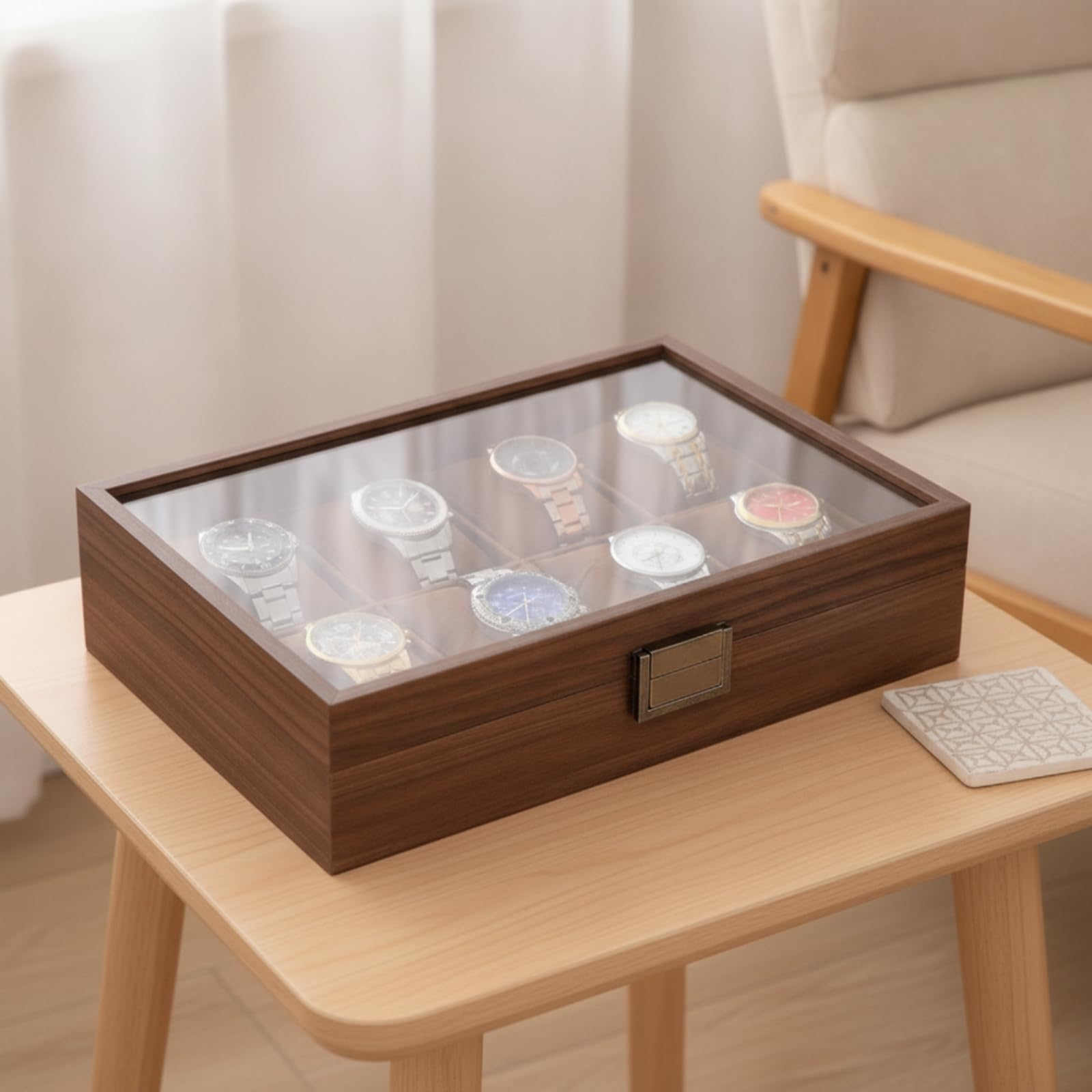 Gralara Organizador Relojes con Tapa Clásico Estuche Organizador Relojes con Compartimentos Expositor para Cómoda