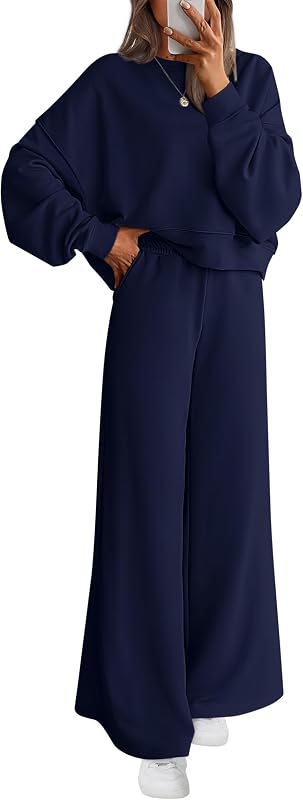 PRETTYGARDEN Women 2 Piece Outfits Fall Sweatsuit Lounge Set | Long Sleeve Drop Shoulder Crewneck Sweatshirt,Wide Leg Cotton Sweatpants,Casual Tracksuit,Winter Vacation Travel Outfits