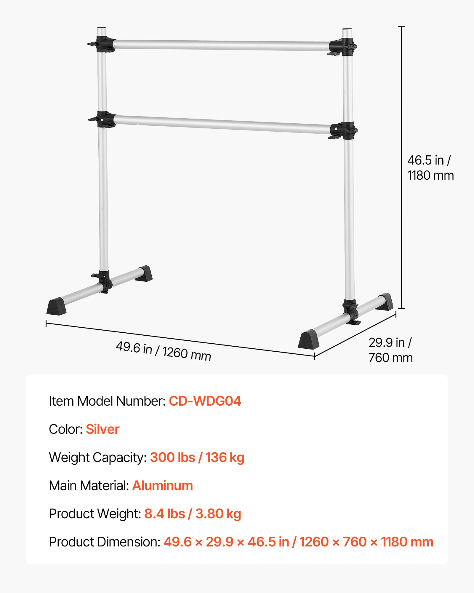 VEVOR Sbarra per Balletto Danza Classica, Sbarra Doppia Autoportante capacità Carico 136 kg, Altezza Regolabile 170-1165 mm, in Alluminio per Danza Stretching, Allenamento dell'Equilibrio