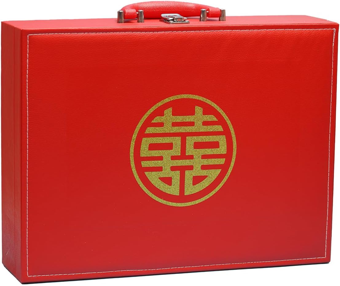 VPH Extra-Large Chinese Mahjong Set with The Double Happiness Pattern in red, 144 Pieces in Total, Including a PU Leather case and a Table mat.