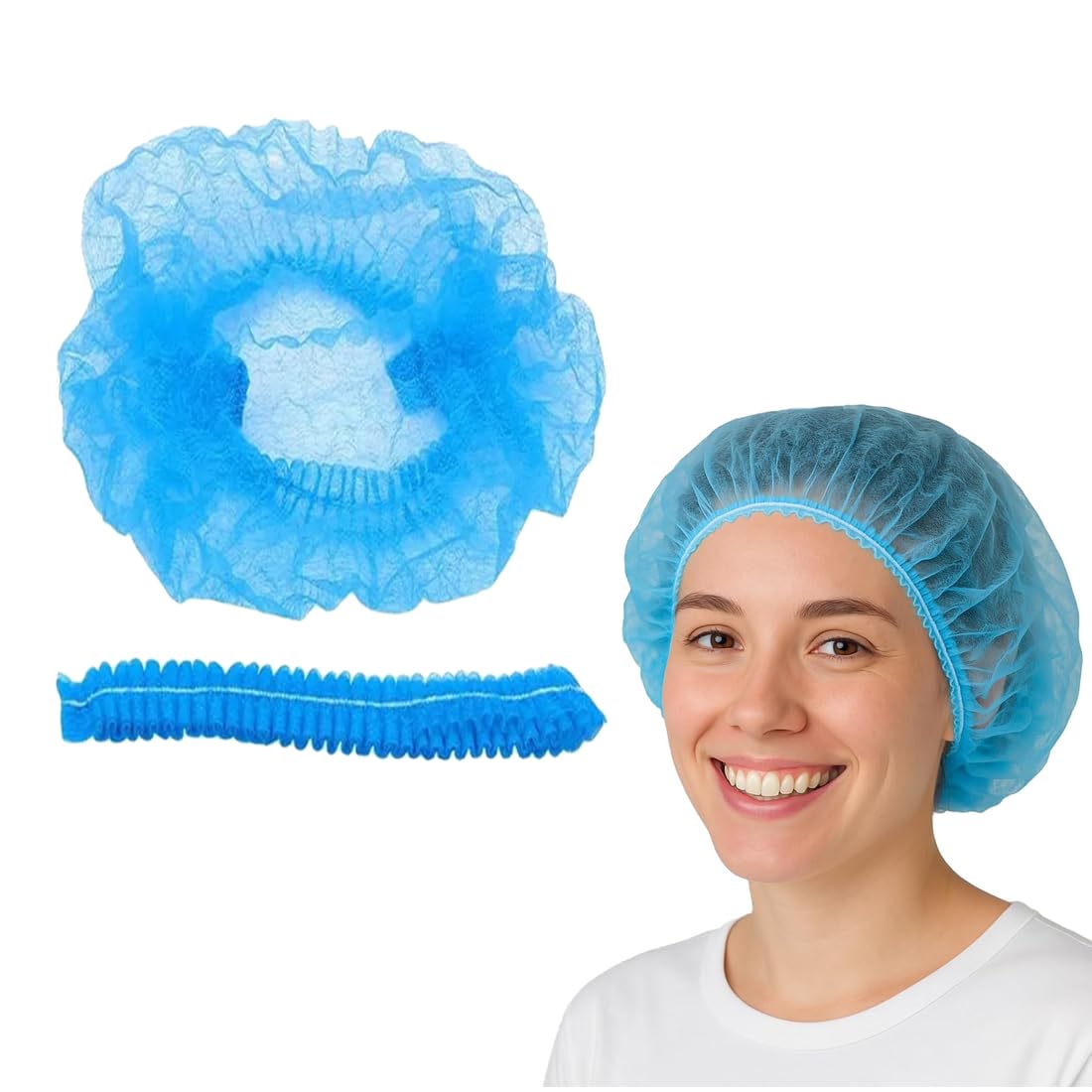 NHQZ 50 Charlottes Jetables Bleues Non-tissées Respirantes Bonnet à Usage Unique Sans Latex pour Cuisine Laboratoire Médical Industrie Visiteur Femme Homme