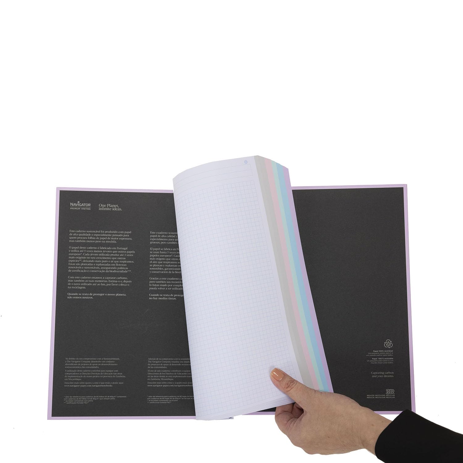 Navigator Carnet A4 + quadrillé 5 x 5 | Couvercle extrudé | Lavande | Bord 5 couleurs | Papier 80 g | 120 feuilles microperforées 4 perceuses | Spirale Fermeture Coil-Lock | Papier Premium Writing