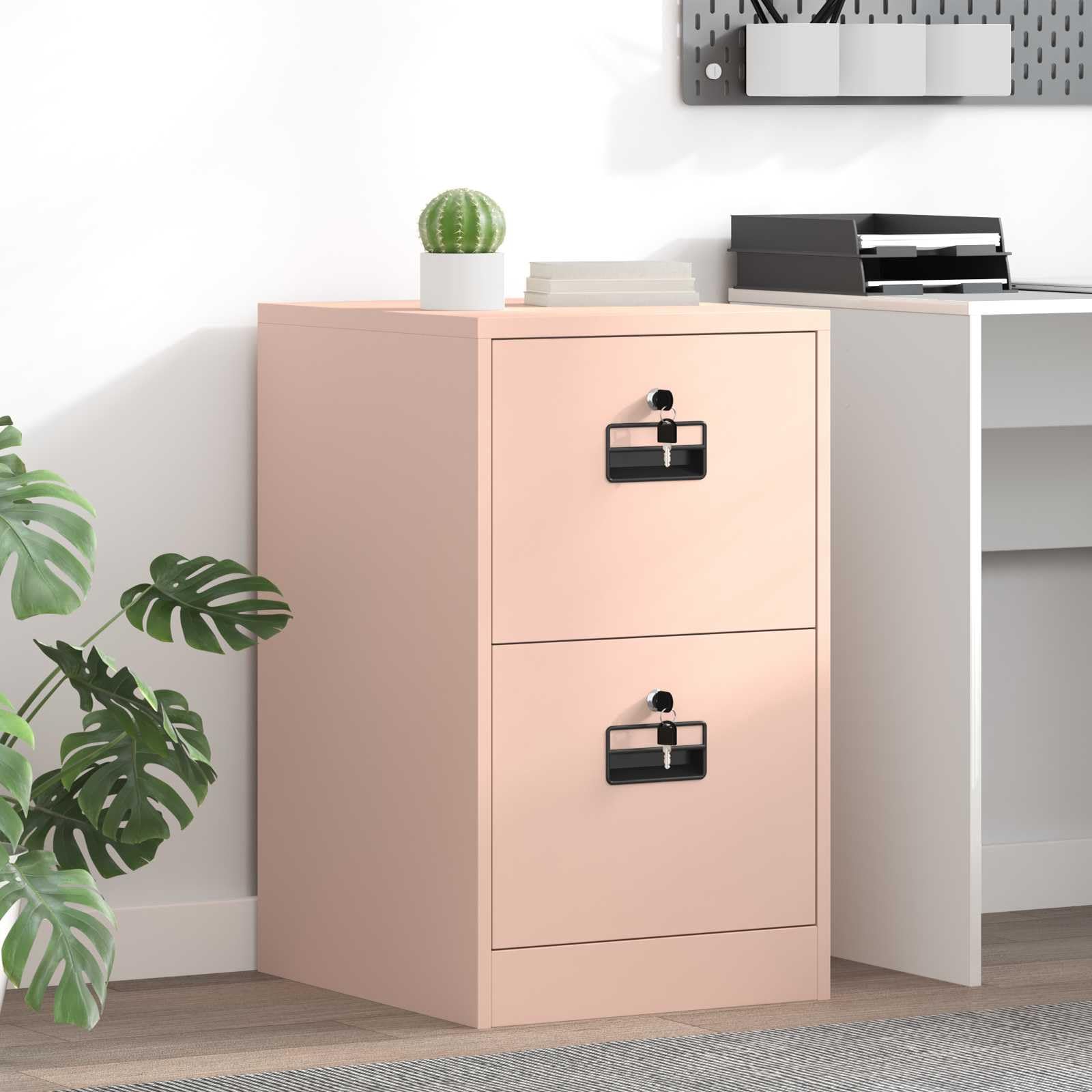 Aktenschrank Rosa 44 x 50 x 74,5 cm Kaltgewalzter Stahl, mit 2 Schubladen, Nockenschlösser, Ausziehregale, rostfrei, korrosionsbeständig, Büro Stauraum, multifunktional, Metall