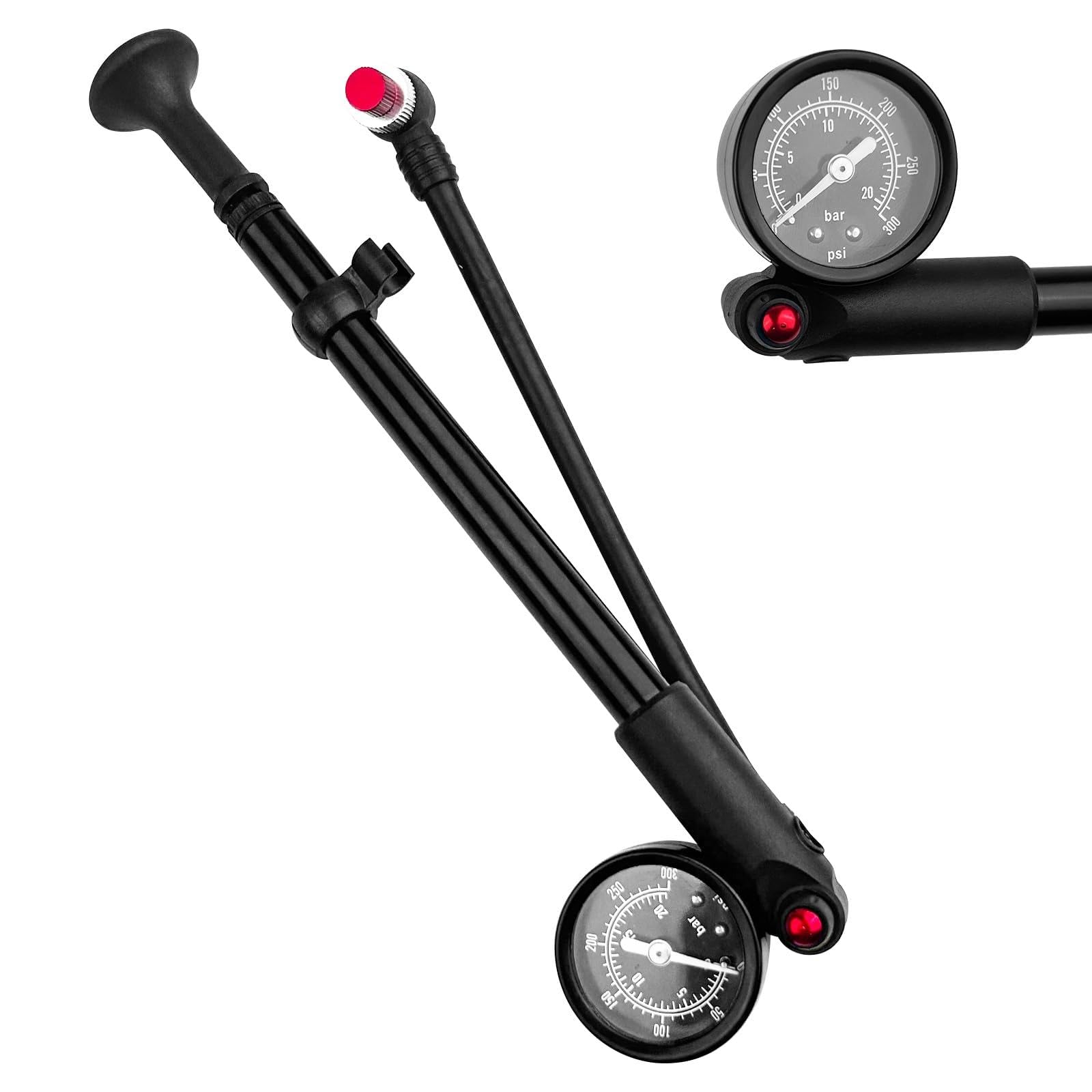 Maxentico Pompe à Vélo (Max 300 PSI), Mini Pompe Velo avec Manomètre, Pompe à Choc Haute Pression VTT, Pompes Amortisseurs avec Baromètre, Pompe à Fourche, Pompe Portable avec Bouton de Purge