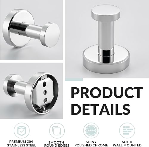 Miniatura 4 de APLusee Paquete de 2 ganchos para toallas de baño cromados pulidos, ganchos redondos de acero inoxidable 304 para baño, cocina, garaje, colgador de
