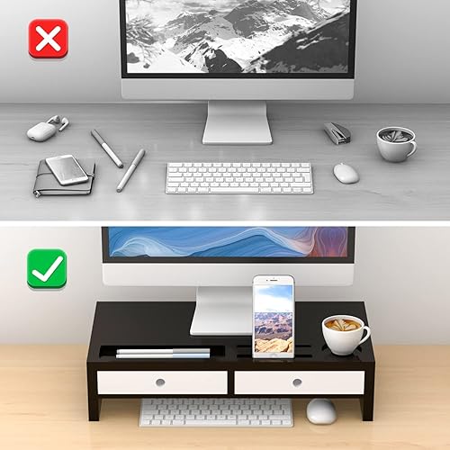 Miniatura 7 de Soporte elevador para monitor con cajón, soporte para laptop blanco y negro, organizador de estante de escritorio de bambú para computadora, TV,