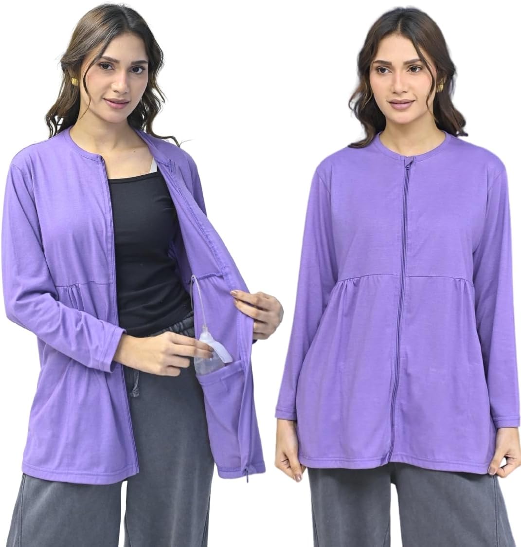 Inspired Comforts Women's Mastectomy Recovery Full Sleeves Front Open Zip Up Shirt with Drain Pockets