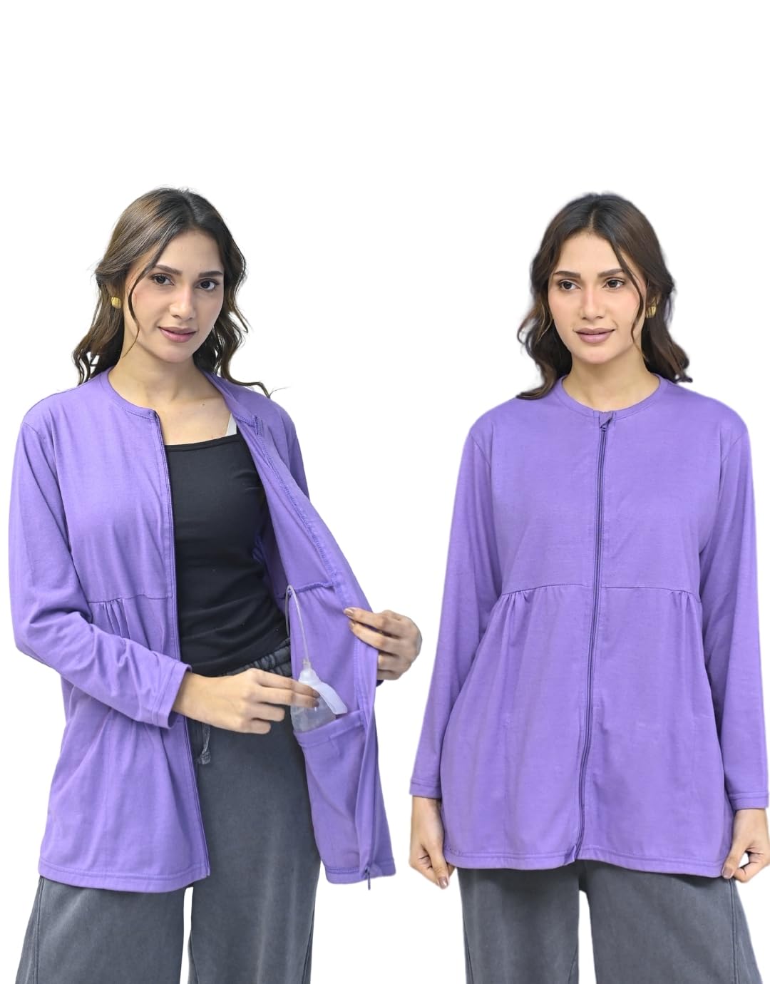 Inspired Comforts Women's Mastectomy Recovery Full Sleeves Front Open Zip Up Shirt with Drain Pockets