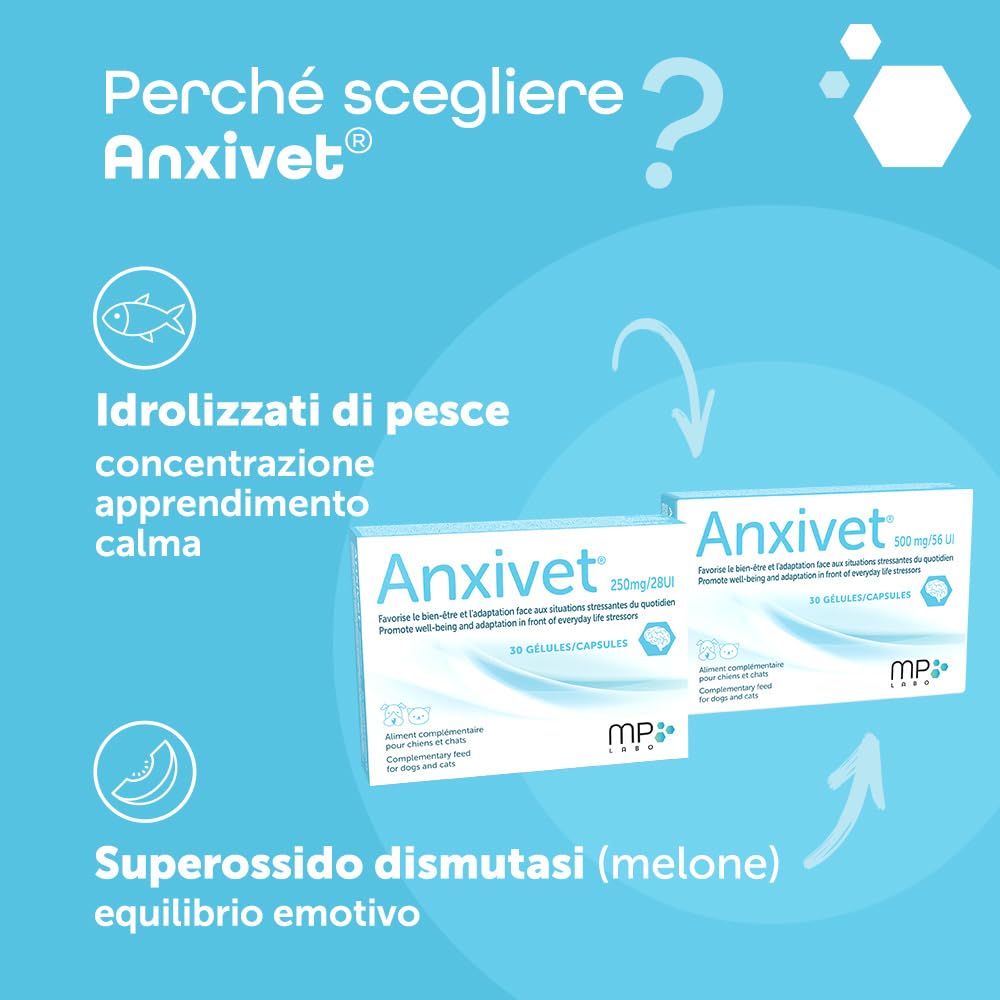 MP Labo Anxivet® - Favorisce Il Benessere e l'adattamento alle situazioni stressanti della Vita Quotidiana per Cani e Gatti (500 MG, 56 UI, 30 Capsule)