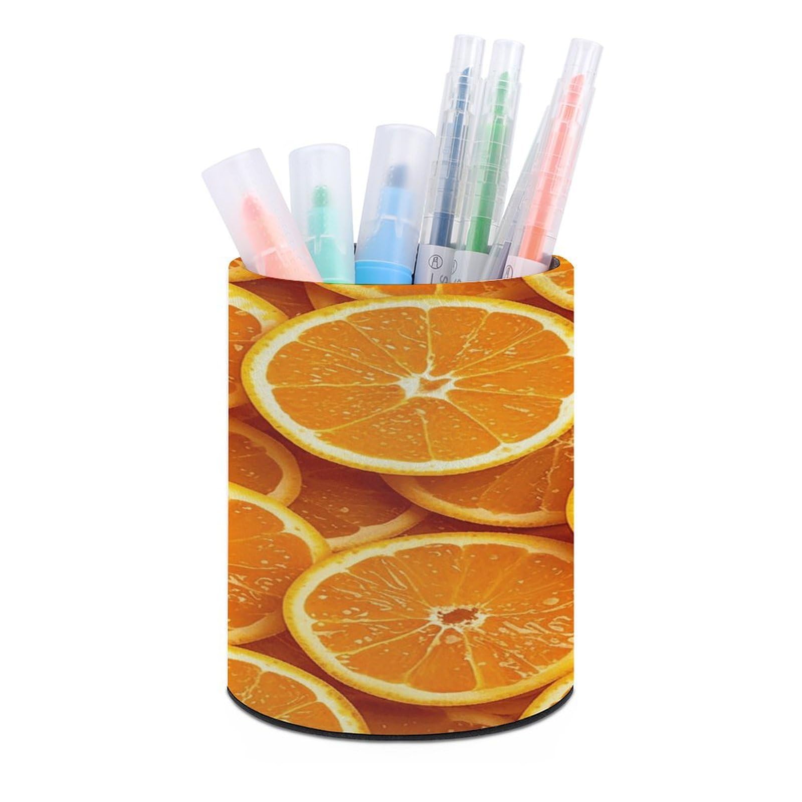 FekiLoot PU Leather Round Pen Holder Orange Slices Pencil Holder Desk Organizer Pen Organizer Pen Cup Pencil Cup Caddy Desktop Stationery Organizers for Office Home Supplies
