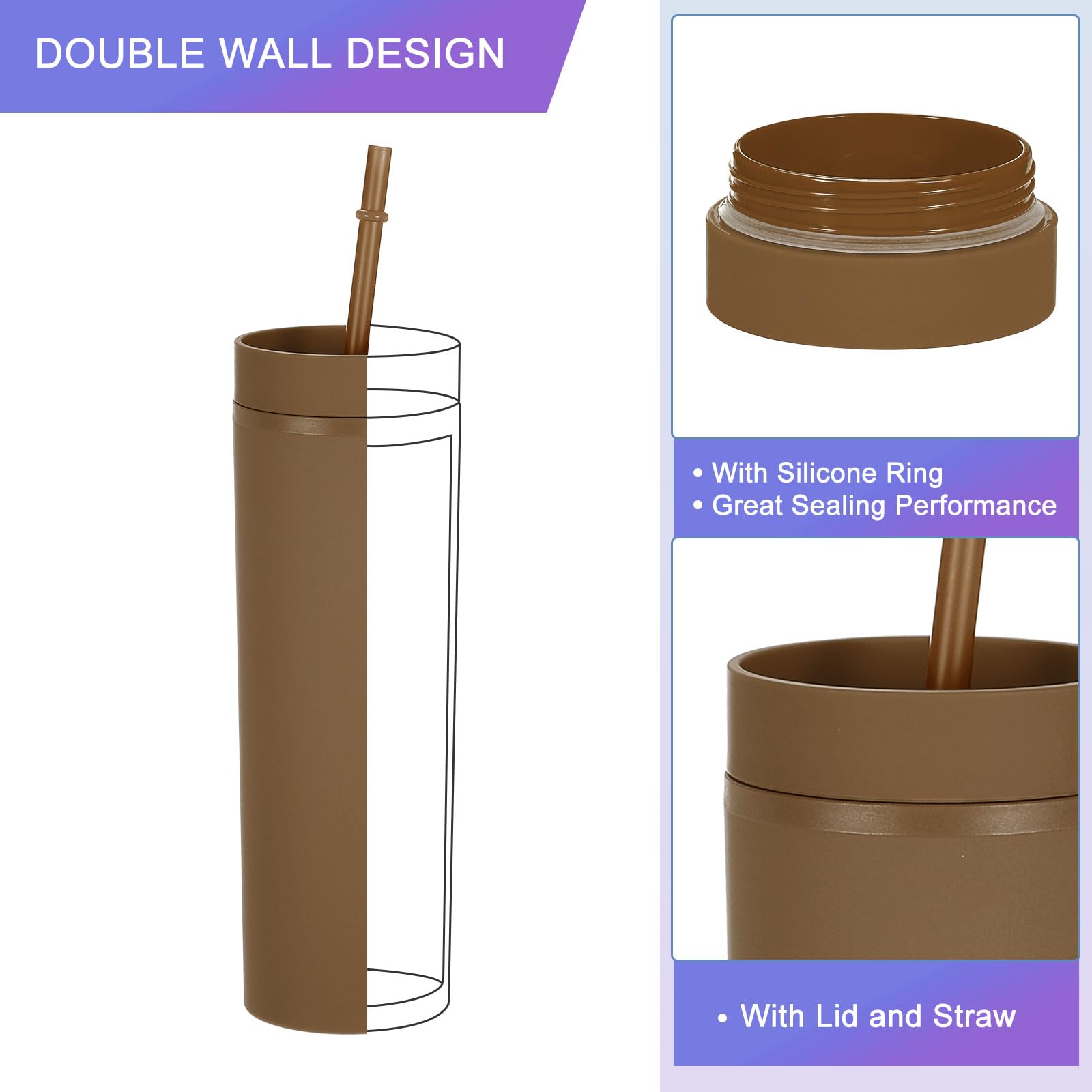 uxcell Bicchiere a doppia parete con cannuccia e coperchio, 470 ml, in acrilico, isolato, trasparente, riutilizzabile, per feste, compleanni e tutti i giorni, marrone scuro opaco