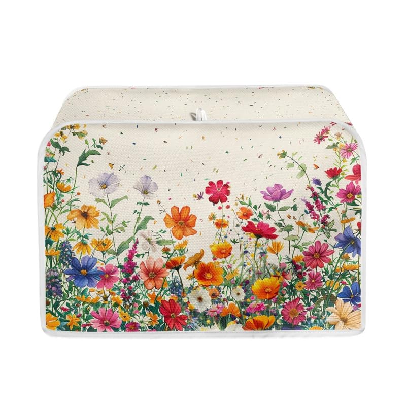 Daulesho Colorful Flower Bushes Toaster Cover 2|4 Slice, Cartoon Daisy Dahlia Kitchen Small Appliance Cover Watercolor Pastoral Style Dust and Fingerprint Protection, Machine Washable -L