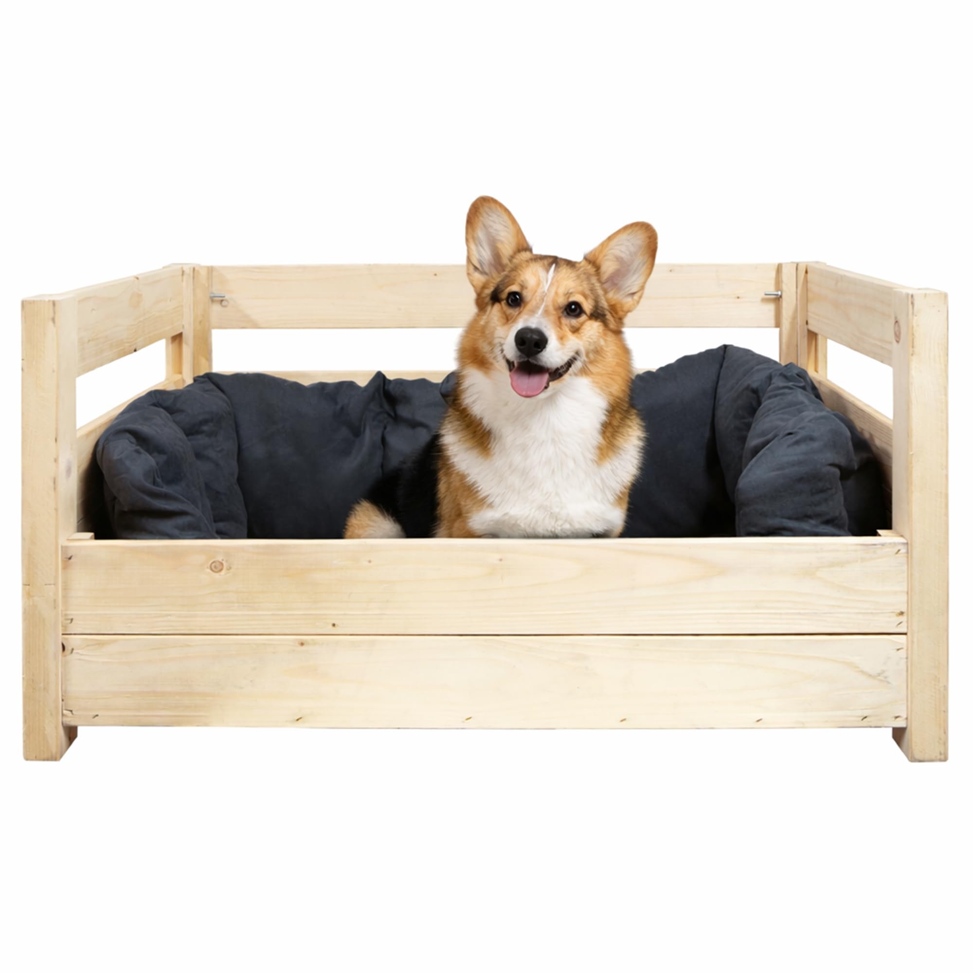 Kistenkolli Altes Land Hundebett Charly aus Massivholz 90 x 57 x 45 cm – Hundesofa aus Holz – Natur, Braun oder Geflammt – Optional mit Hundekissen – Stabil & einfache Selbstmontage (Natur)