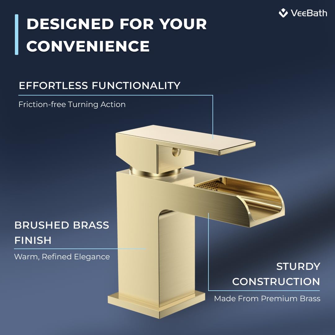 VeeBath Kinetic Square Waterfall Basin Mixer, Modern Brushed Brass Finish, Single Lever Control - Image 2