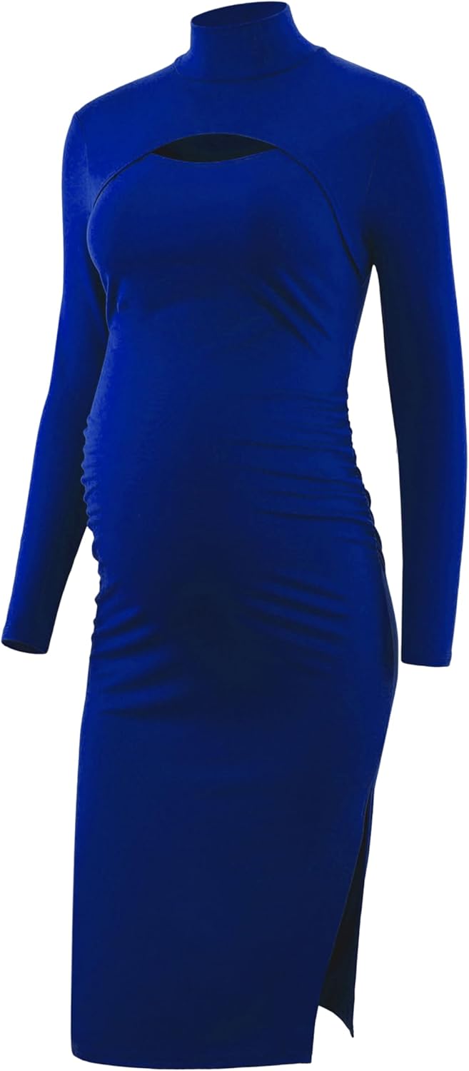Long Sleeve Turtleneck Maternity Bodycon Dress, Split Chic Pregnancy Dress for Casual Wear, Baby Shower, Photoshoot - Image 5